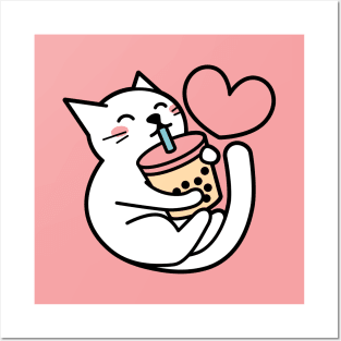 Cute White Cat Sipping Bubble Tea - Kawaii Boba Tea Posters and Art